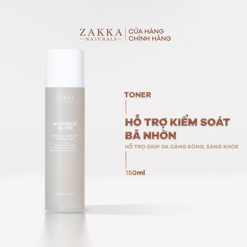 Toner tẩy da chết AHA, BHA Mandelic Glow Zakka Naturals 150ml
