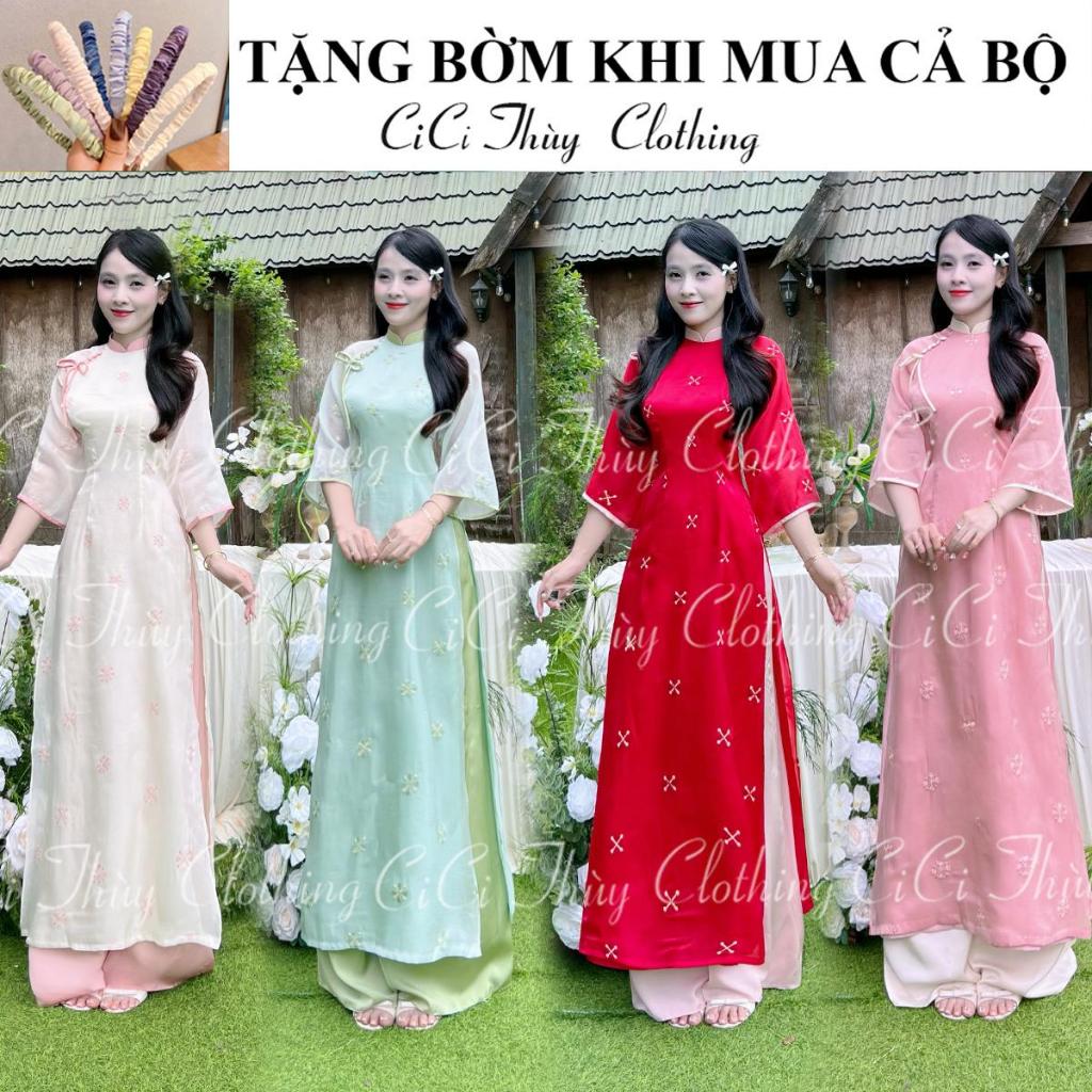Áo Dài Tâm Hoa - Áo Dài cô Giáo Dáng Eo Tơ Thêu 4 Tà Có Phối Hoa Đính Cúc Bọc - CiCi Thuỳ Clothing