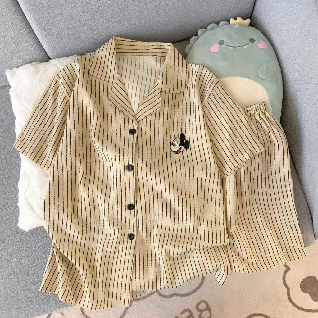 {Có Sẵn} Bộ Ngủ Cộc BC20 Đồ Ngủ Nữ Sọc Thêu Đồ Ngủ Nữ, Đồ Ngủ Cute, Bộ Ngủ Cộc, Bộ Đồ Ngủ Nữ Cộc, Se