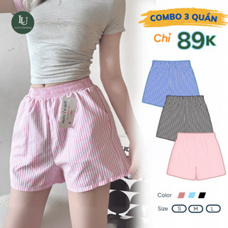 Combo 3 Quần Sooc Đùi Sọc Kẻ Nữ Dáng Xuông Mặc Ở Nhà, Vải Kate Cotton Mịn Thoáng Mát-QK001