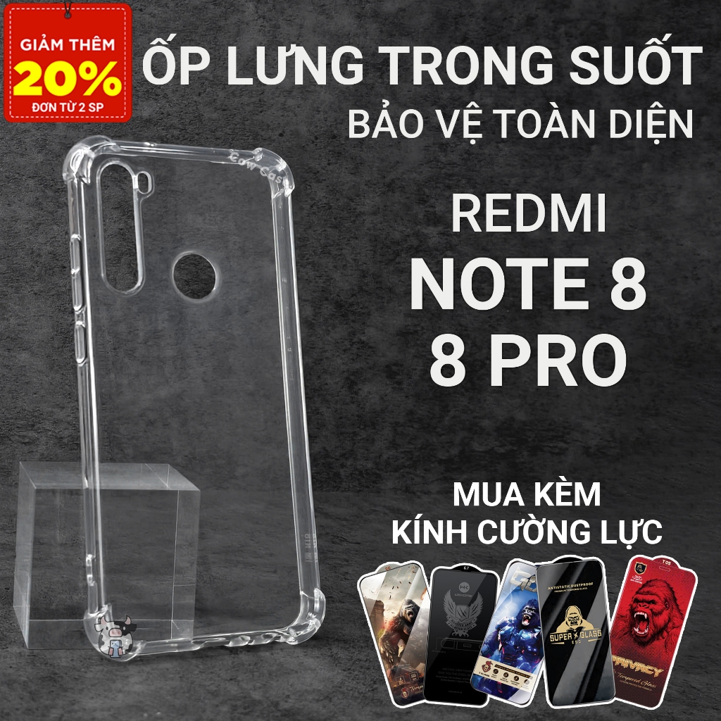Ốp lưng Redmi Note 8, 8 Pro Cowcase trơn trong suốt | Ốp điện thoại Xiaomi dẻo bảo vệ camera đt toàn diện