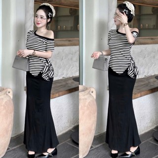 Sét Váy Đuôi Cá Dài Kết Hợp Áo Kẻ Ngang Lệch Vai Chiết Eo Ton Dáng Sang Chảnh Cho Nàng Đi Chơi Hẹn Hò Cực Xinh