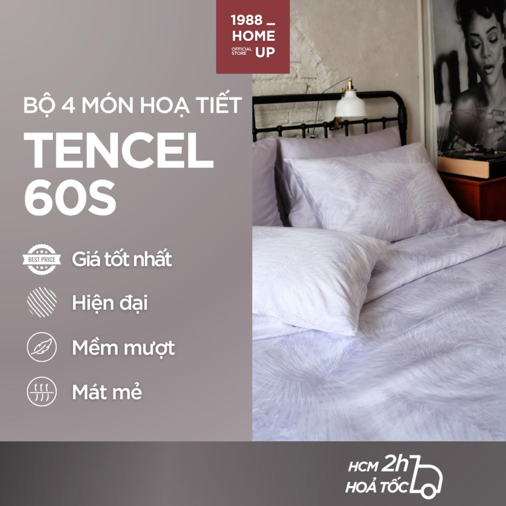 Bộ Chăn Ga Gối 4 Món 100% Tencel 60S Họa Tiết Đơn Giản Cao Cấp - 1988 Home Up, Bộ Ga Trải Giường Lụa