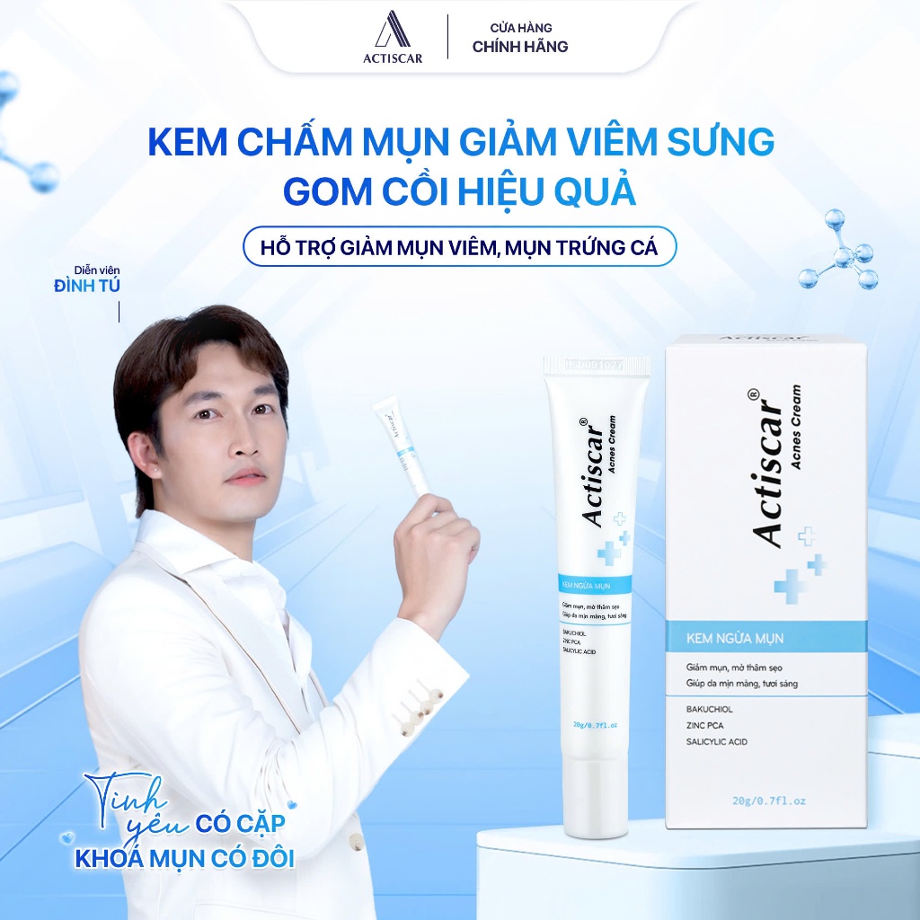 Kem Chấm Mụn và Serum Mụn, Miến Dán Mụn Giảm Sưng Viêm, Mụn Bọc,  Mờ Thâm Mờ Sẹo Actiscar 20g