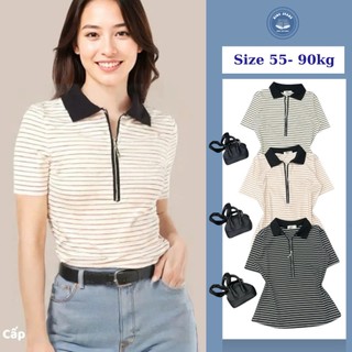 Áo Thun Sọc Dây Kéo Bigsize Nữ Cổ Polo Tay Ngắn Dáng Dài Cực Kỳ Tôn Dáng Chất Borip Cotton Co Giãn Mềm Mịn Mát A9011