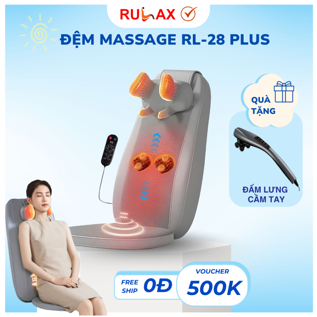    MUA 1 TẶNG 1  Đệm Ghế Massage Rulax RL28Plus- Đệm Massage Chuyên Sâu Vùng Lưng Và Cổ Vai Gáy- Tặng Máy Masage Cầm Tay 