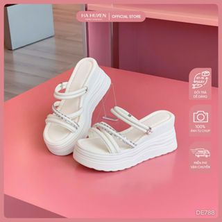 Dép đế xuồng, dép đi biển nữ HÀ HUYỀN da lì quai đá cao 8cm - DE788