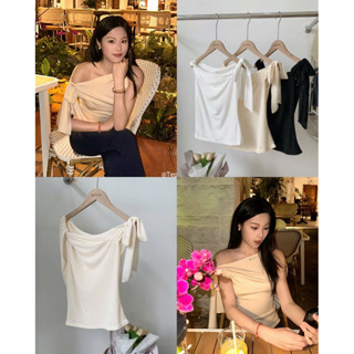 Áo lệch vai cột nơ [ ẢNH THẬT - CHẤT XỊN] chất lưới 2 lớp nữ tính thời trang nữ thanh lịch - 096 -