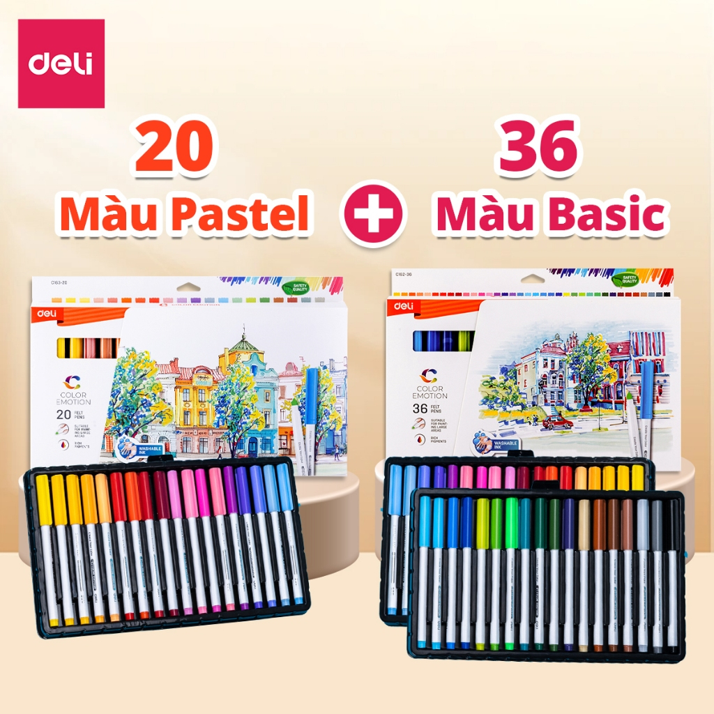 Combo 56/72 Màu Bút Lông Màu Fiber Pen Pastel Basic Ngòi Chóp Rửa Được Deli - Dùng Tô Vẽ Đi Nét Call