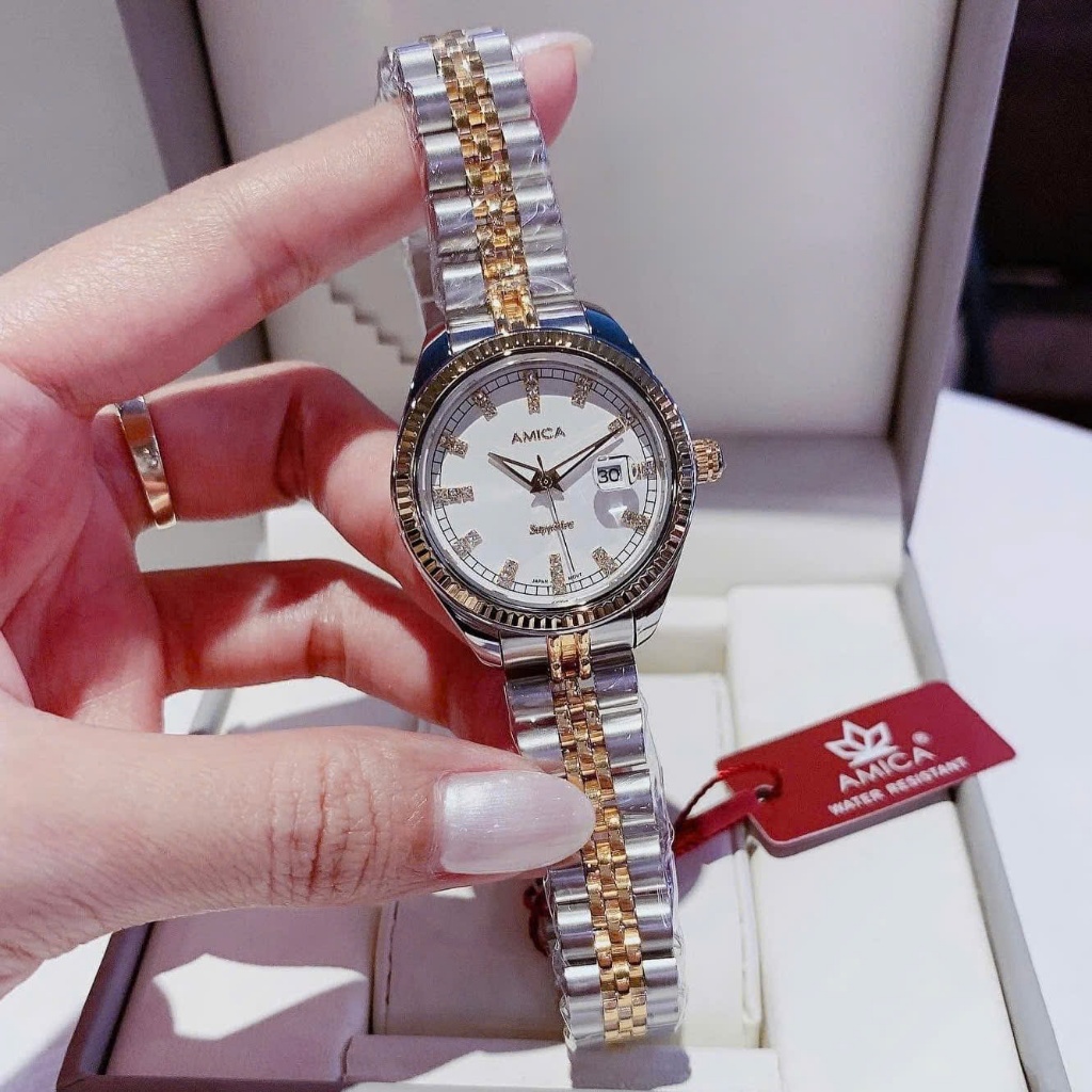 Đồng hồ nữ dây thép Amica Quartz A050 Demi White Dial