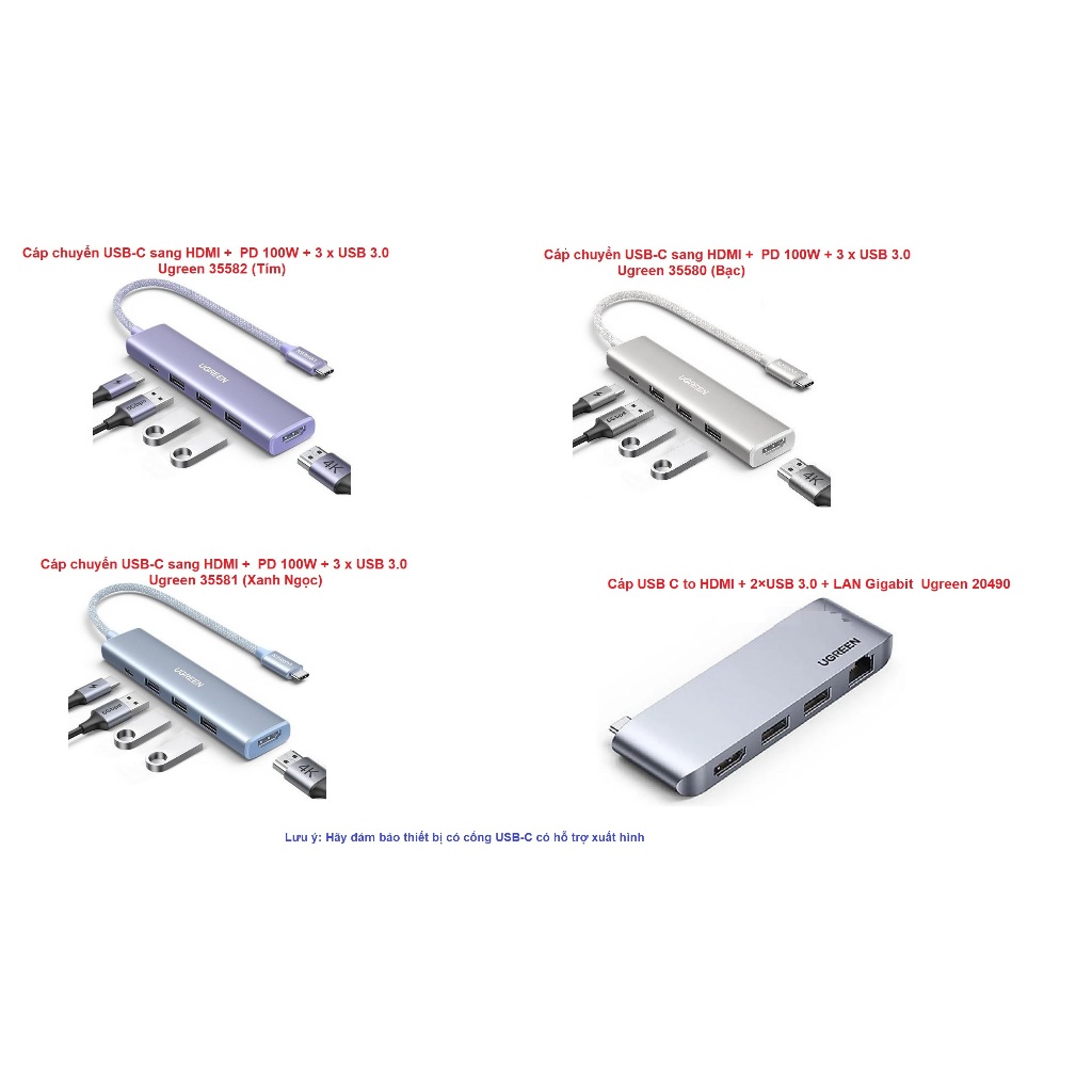 Cáp USB C to HDMI + USB 3.0 + PD 100W (  20490 , 35580 , 35581 , 35582 ) Ugreen
