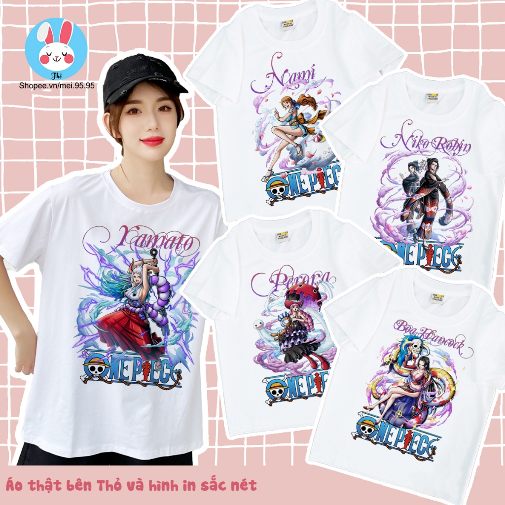 Áo one piece in hình Yamato,Nami,Robin,Boa Hancock,Perona màu trắng cổ tròn tay ngắn,áo thun one pie