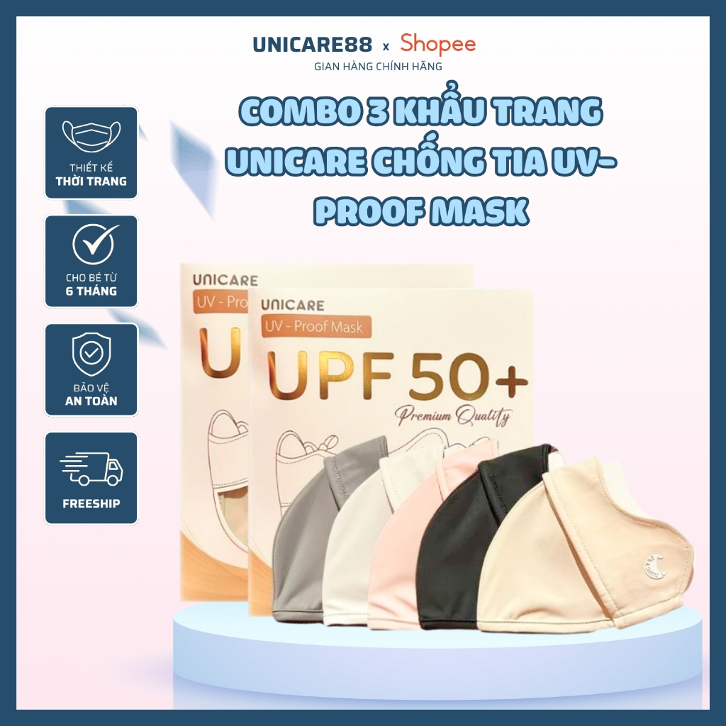 [Combo 3] Khẩu trang Unicare chống tia UV-Proof Mask vải lụa băng mềm mịn chống nắng 2 lớp