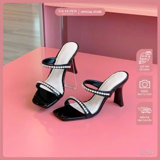 Guốc, dép cao gót nữ HÀ HUYỀN da bóng quai đá gót trụ 8cm - GL769