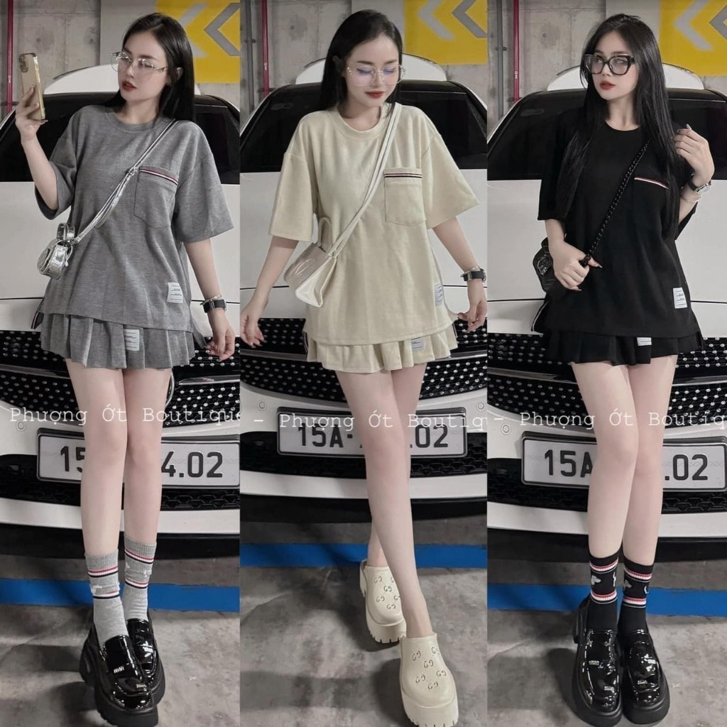 SET ĐỒ NỮ TB, ĐỒ BỘ NỮ SANG CHẢNH Áo Phông Ngắn Tay Túi Ngực Viền Màu Mix Chân Váy Xếp Ly 3 MÀU hot trend 2025