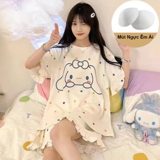 Đồ bộ nữ mặc nhà Đồ ngủ nữ thời trang Có mút ngực êm ái Chất thun Cotton tay bèo cổ tròn dễ thương