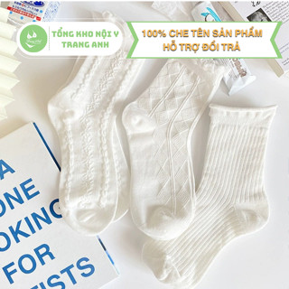 Set 10 Đôi Tất Cổ Cao Tất Lolita, Tất Cao Cổ Nữ Màu Trắng Phong Cách Nhật Bản Chất Liệu Cotton Thoáng Khí TA08-10