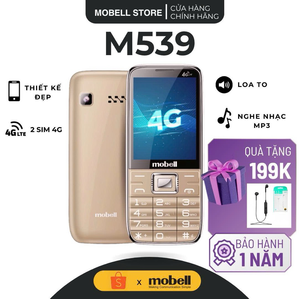 Điện Thoại 4G Mobell M539 Pin Khủng, Bàn Phím To, Siêu Bền, 2 SIM Cho Người Lớn Tuổi