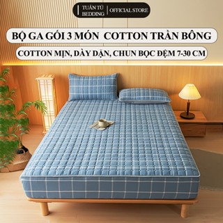 Bộ Ga Giường Coton Trần Bông Họa Tiết Kẻ Caro Thấm Hút Mồ Hôi Ga Chun Bọc Nệm Chắc Chắn