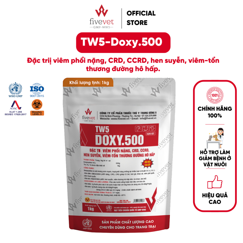 TW5-Doxy.500 Hỗ Trợ Hô Hấp Giảm Viêm Phổi CRD Hen Suyễn Bảo Vệ Đường Hô Hấp Gia Súc Gia Cầm (1KG)