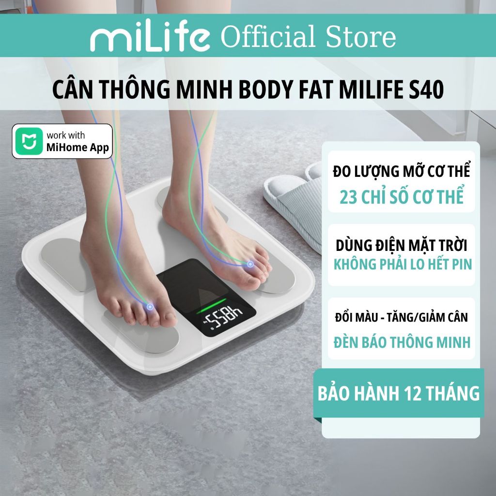  Cân body fat thông minh S40 miLife đo 23 chỉ số cơ thể phân tích lượng mỡ béo phì có kết nối app mihome 