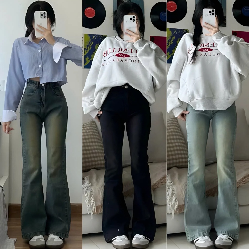 Quần bò nữ ống loe MIAA  dáng ôm màu RETRO, quần jeans loe cạp cao co giãn ôm eo nữ đủ size nhiều mà