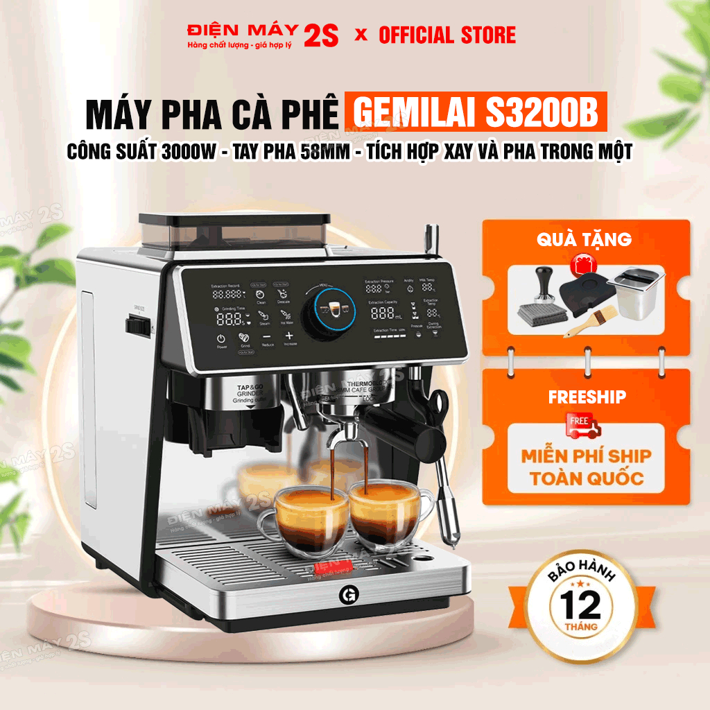 [HCM-Hàng sẵn] Máy Pha Cà Phê Gemilai S3200B - Sử Dụng Gia Đình, Văn Phòng, Quán Cà Phê Vừa Và Nhỏ 50-80 Ly-Bảo Hành 12T