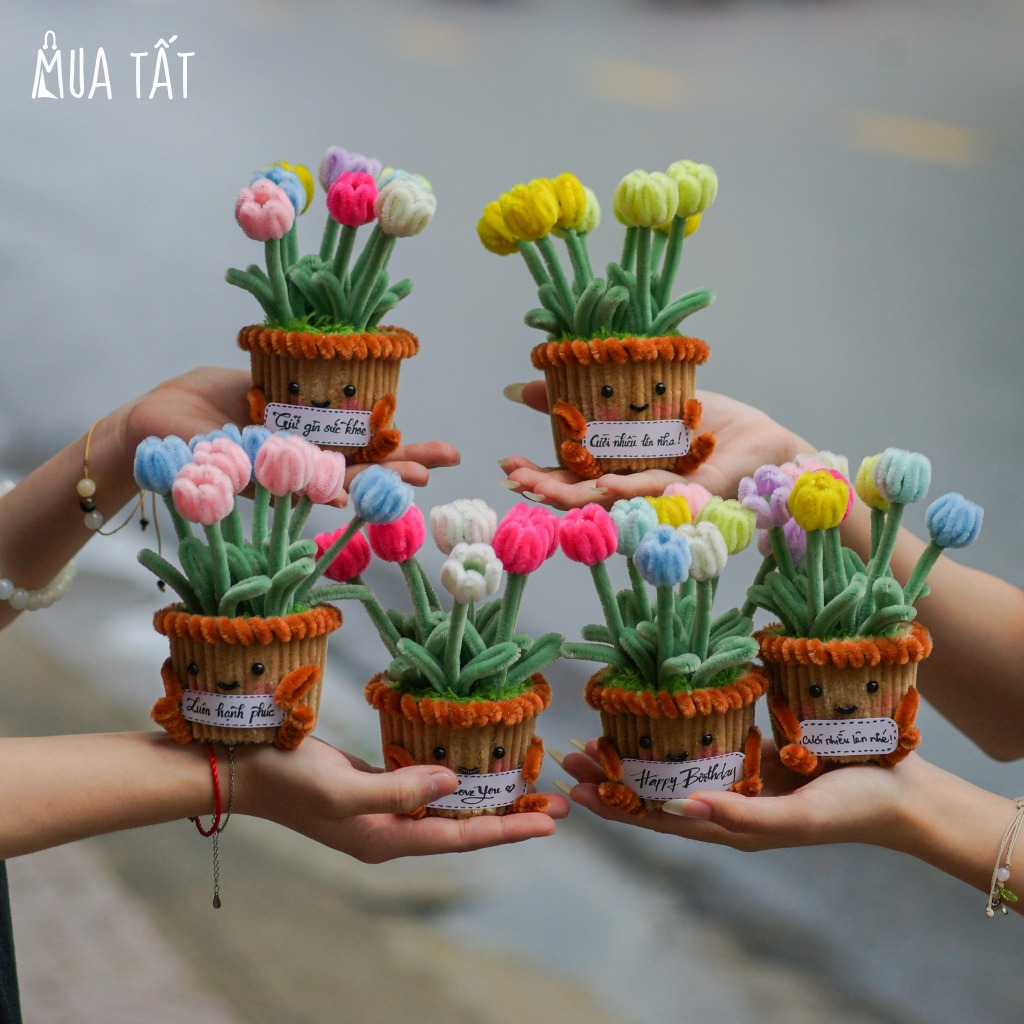 Chậu hoa tulip kẽm nhung mini cầm thẻ lời chúc, lời nhắn Mua Tất (muatat.shop)