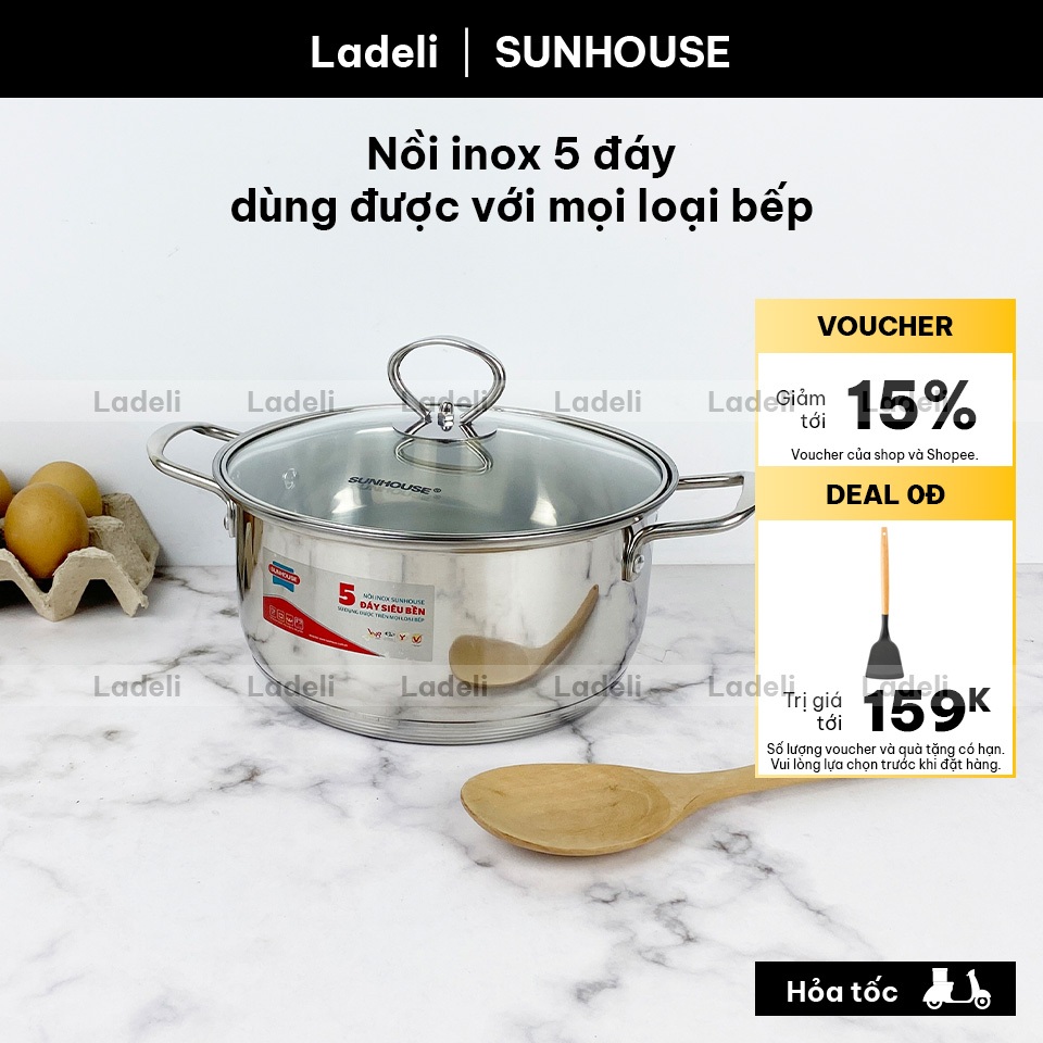 Nồi inox 5 đáy SUNHOUSE SHG788-16 / SHG788-20 / SHG788 -24 16-20-24cm dùng bếp từ gas hồng ngoại