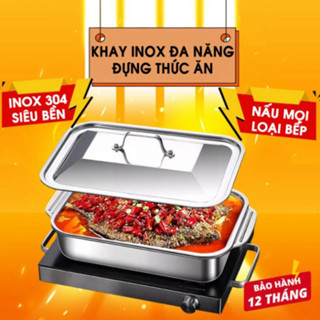 Khay Inox Đa Năng Đựng Thức Ăn Có Nắp, Khay Bảo Quản Đồ Ăn Hấp Cá Nấu Canh Làm Bánh Dùng Cho Mọi Loại Bếp 41x24x8 cm