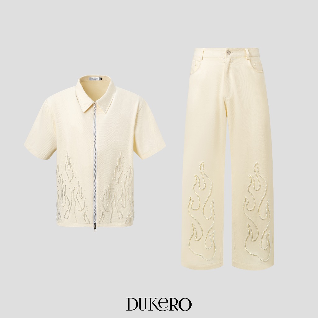 Quần áo nam form rộng vải denim beigie flame pearl Dukero đính đá sang trọng