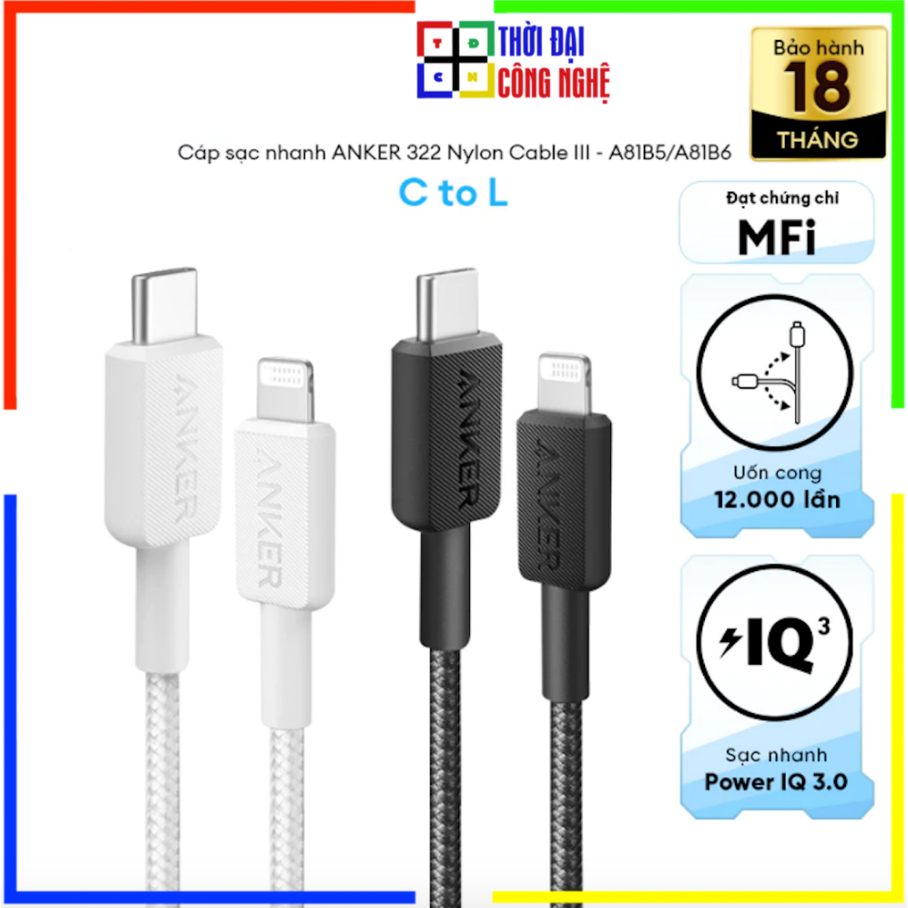 Cáp Sạc Anker 322 A81B5 / A81B6 Nylon USB-C to L 0.9m/1.8m chính hãng. Bảo hành 18 tháng, 1 đổi 1.