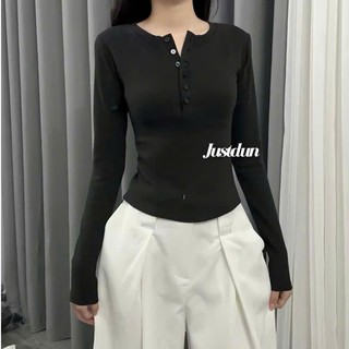 Pass Áo thun dài tay cúc xẻ chất tăm lông thỏ mềm mịn, áo thun ôm body phong cách Hàn Quốc
