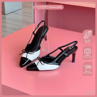 Giày cao gót Slingback nữ HÀ HUYỀN da bóng mũi nhọn đính nơ phối 2 màu quai hậu gót nhọn 7cm - CG2191