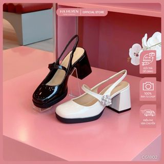 Giày cao gót tiểu thư mary jane nữ HÀ HUYỀN da bóng quai dán hoa đá quai hậu gót vuông 6cm - CG1802