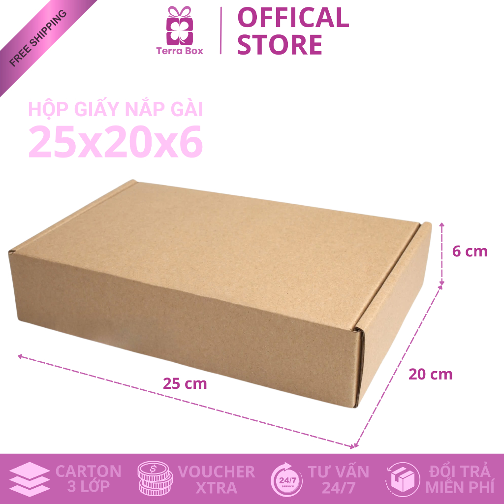 25x20x6 | COMBO 50 Hộp Carton Nắp Gài Đóng Hàng Giá Rẻ, Thùng Giấy Nắp Gập Siêu Cứng Giá Tận Xưởng