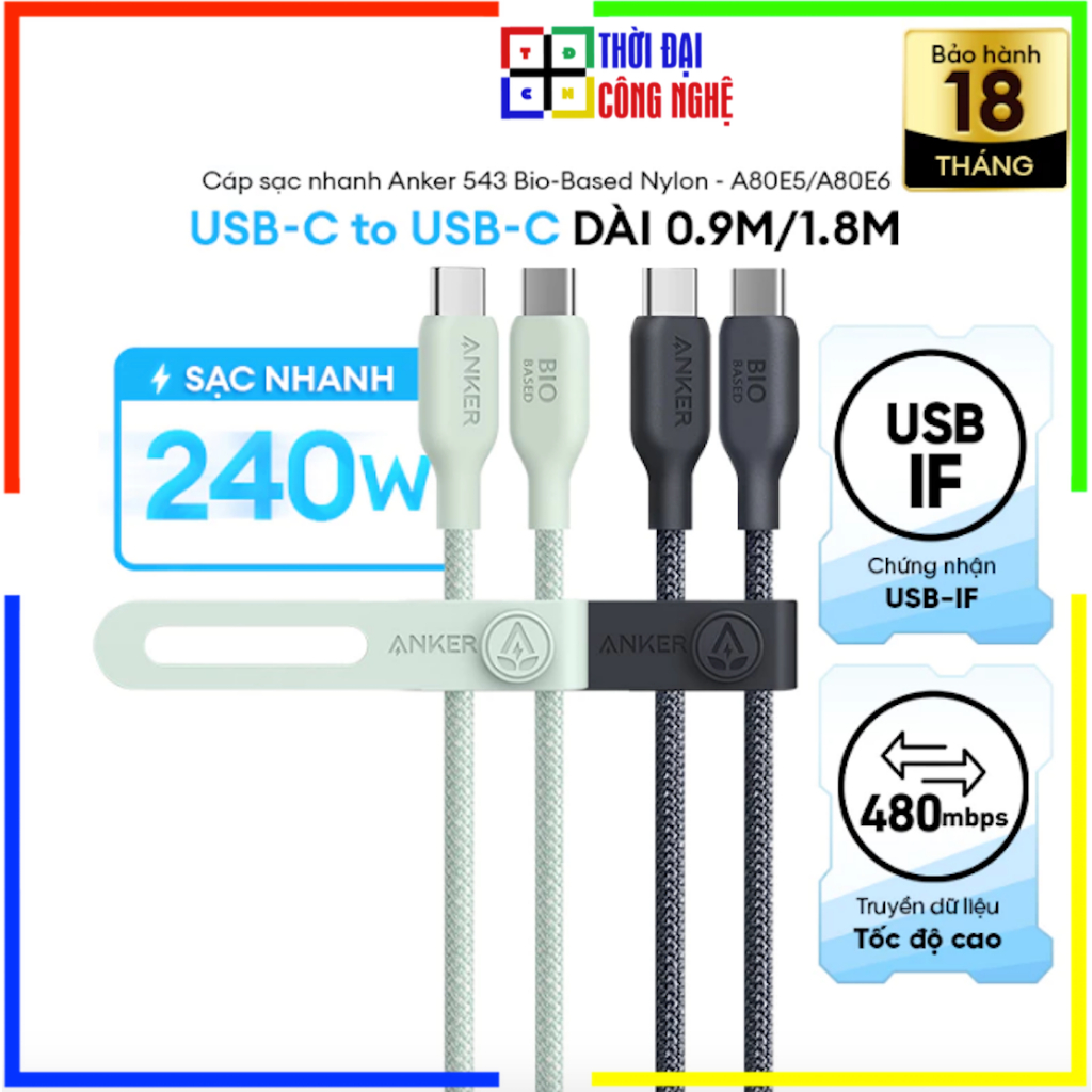 Cáp sạc nhanh Anker 543 A80E5 Nylon bọc dù siêu bền USB-C to USB-C 240W. Bảo hành 18 tháng, 1 đổi 1 
