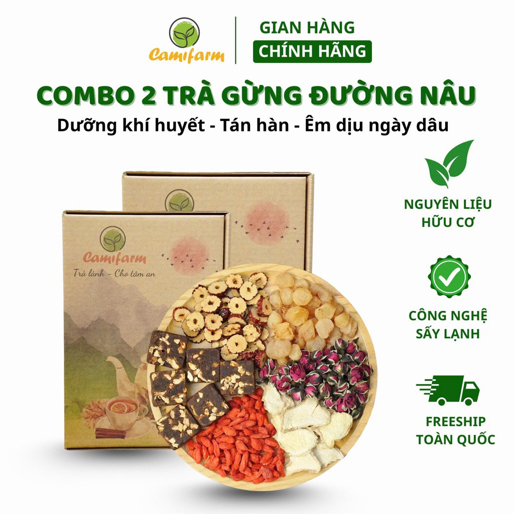 Combo 2 hộp Trà gừng đường nâu thảo mộc Camifarm, bổ máu, giữ ấm cơ thể, đẹp da, giảm đau bụng kinh