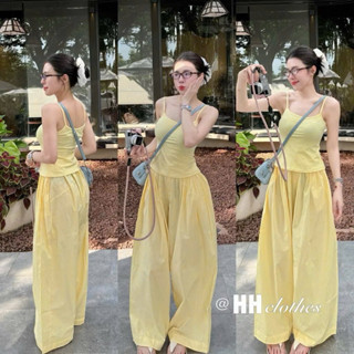 (Ảnh thật Beta.store chụp) Set bộ áo 2 dây cotton mix quần suông cài cúc màu vàng mơ cho nữ hothit tặng kèm buộc tóc