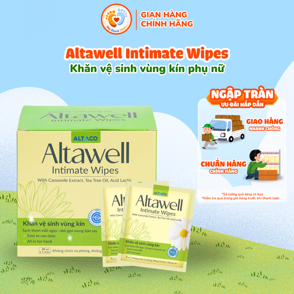 Khăn Vệ Sinh Vùng Kín Altawell Initimate Wipes - Làm sạch, dưỡng ẩm, sáng hồng da - Hộp 20 gói khăn