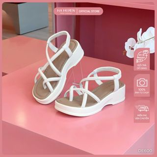 Dép bánh mì, dép sandal nữ HÀ HUYỀN dép đi biển da lì quai chéo quai hậu chun độn đế 5cm - DE600