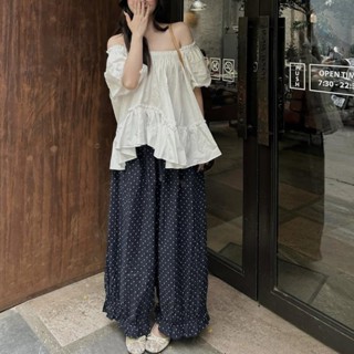 [ Bigsize 55-100kg] Áo trễ vai xòe lượn lệch bèo xinh + quần chấm bi gấu chum bèo