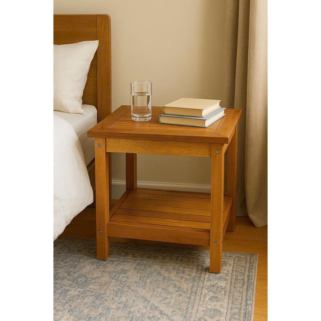 Bàn gỗ mini 2 tầng, bàn cà phê đơn, kệ gỗ tự nhiên, tab đầu giường mặt nan 2 tầng tự lắp rap