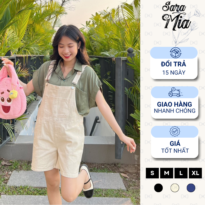 Yếm quần đùi SARAMIA quần yếm jean nữ vải bò liền thân dáng rộng dày dặn phối túi ngực đi chơi Y3