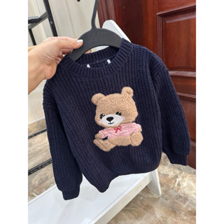 Áo Len Bé Gái Thêu Gấu Phủ Nhung Navy HaM(cắt tag size)