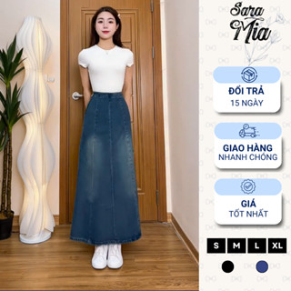 Chân váy jeans bò nữ dáng xòe dài cạp lưng cao chất không co giãn phong cách Hàn Quốc SARAMIA V16