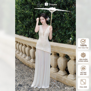  Đầm maxi dài ren hoa 3D Khiết Style phối dây đan mắt cáo màu kem phong cách nàng thơ nhẹ nhàng KD289 