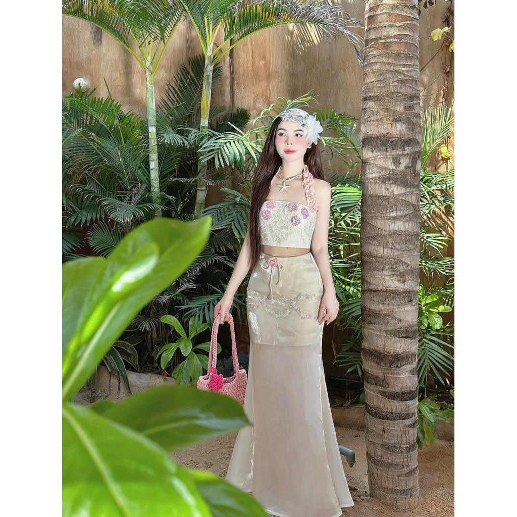 Set áo ren thêu cúp yếm hoa croptop + cv body đuôi cá phối ren tag hoa- Cosmo