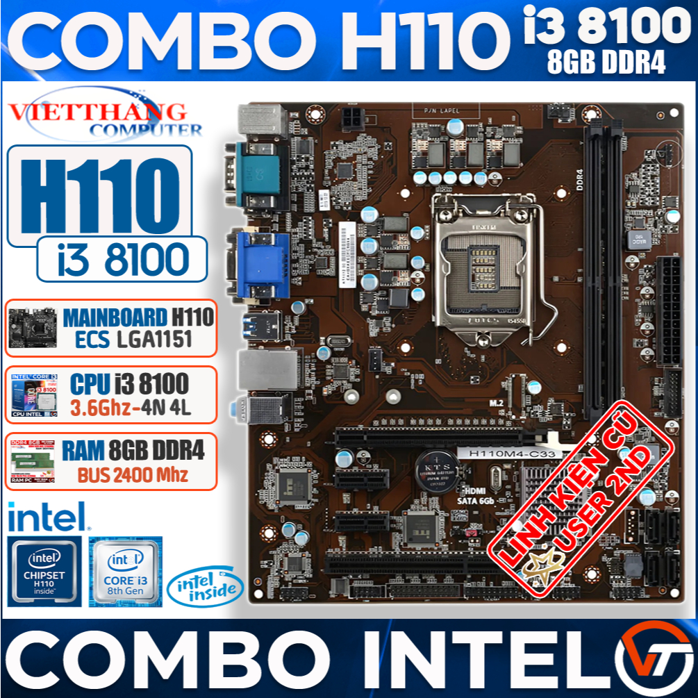 Combo H110 - Mainboard H110 ECS + CPU i3 8100 4N 4L + Ram 8GB DDR4 đã qua sử dụng ( Cũ - 2nd )