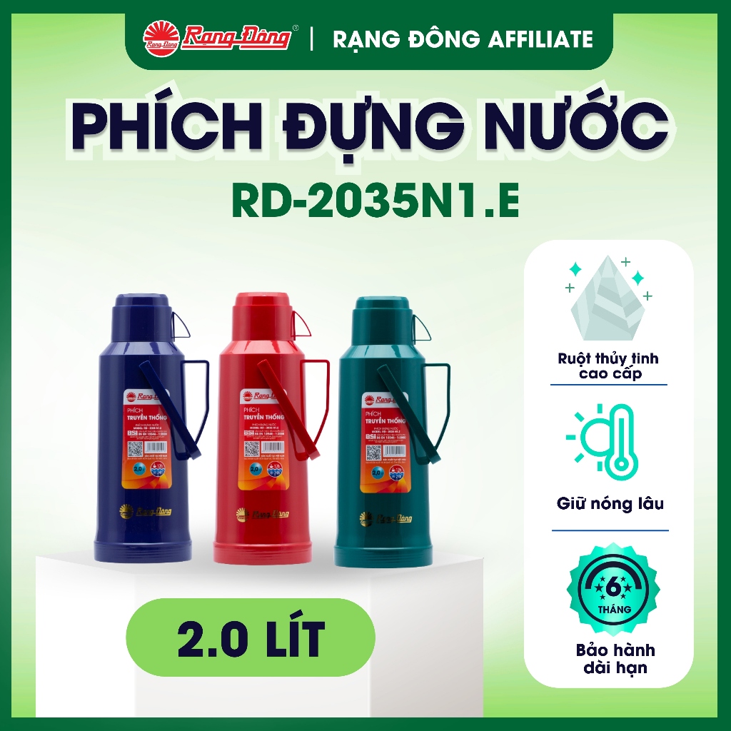 Phích Đựng Nước, Phích Giữ Nhiệt 2 Lít Vỏ nhựa RẠNG ĐÔNG Model: RD 2035 N1.E